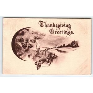 1909 Vintage Thanksgiving Greetings Womens Face Fantasy Moon & Harvest Postcard